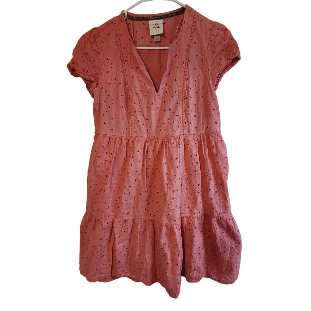 KNOX ROSE Pink Coral Baby Doll Cottage Peasant Boho Eyelet Dress Lagenlook SZ S